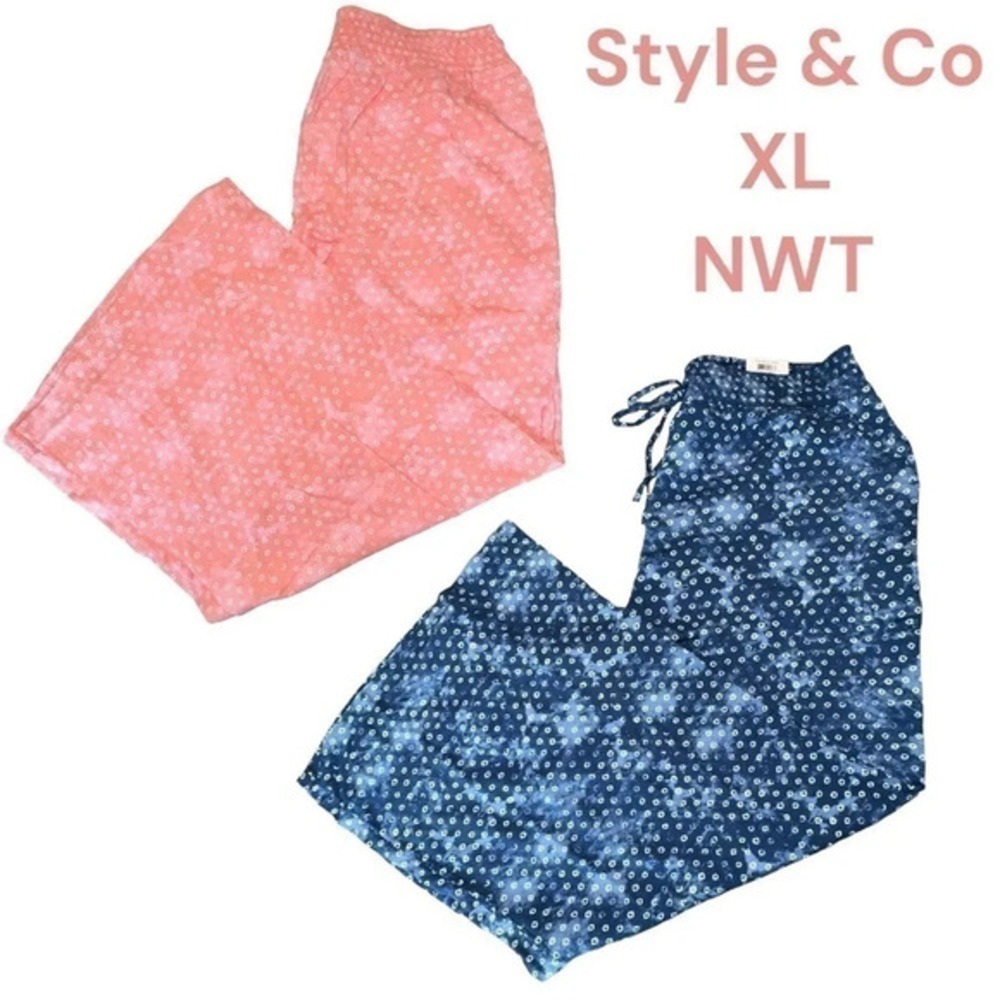 Style & Co XL boho pink + blue tie dyed wide leg drawstring pants with pockets